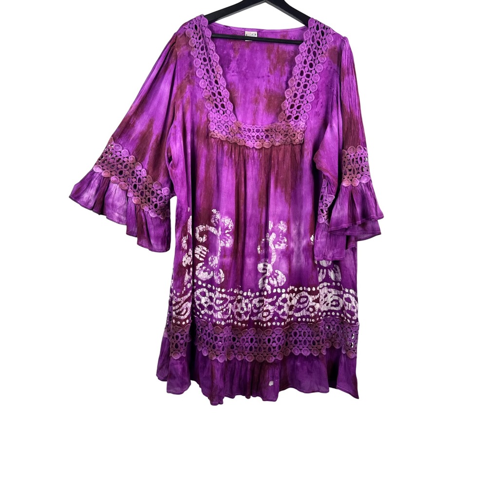 Shoreline Tunic Top sz 4XL Purple Tie Dye Batik Crochet Lace fairy boho beach